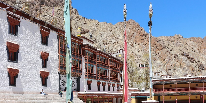 Panoramic snapshot of the Hemis Monastery, Ladakh amidst the dry hills of Himalayas