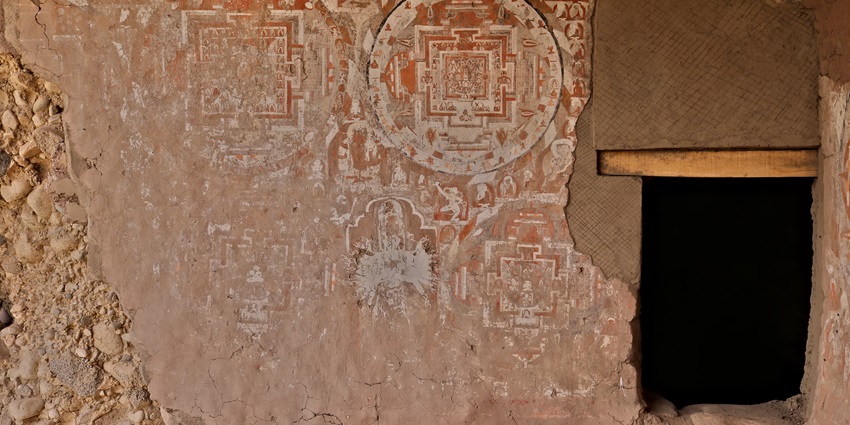 Frescos at entrance of Saspol caves, Ladakh.