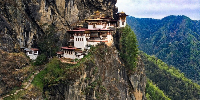 Panoramic view of the hanging monastery in the hills of the Himalayas