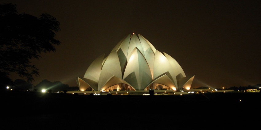 The Lotus Temple in Delhi during the night with lights turned on created beautiful reflections.