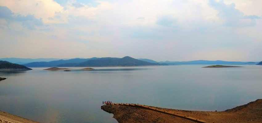 A tranquil view of Bhadra Wildlife Sanctuary with a serene lake and greenery in the day.