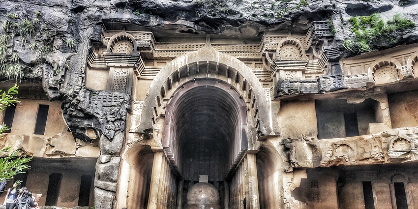 The huge and majestic entrance of Bhaja Caves, shows its interesting architecture.