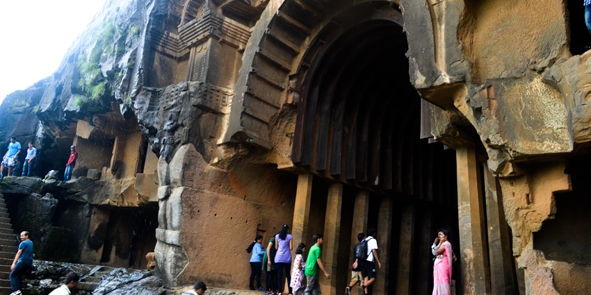 Bhaja Caves entrance, a famous place near Lohagad fort, features ancient rock carvings.