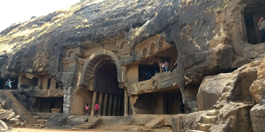 Side view of Bhaja Caves entrance, a famous fort near Visapur Fort in Maharashtra.