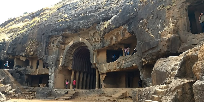 Side view of the entrance to Bhaja Caves, close to Karla Caves in Maharashtra.