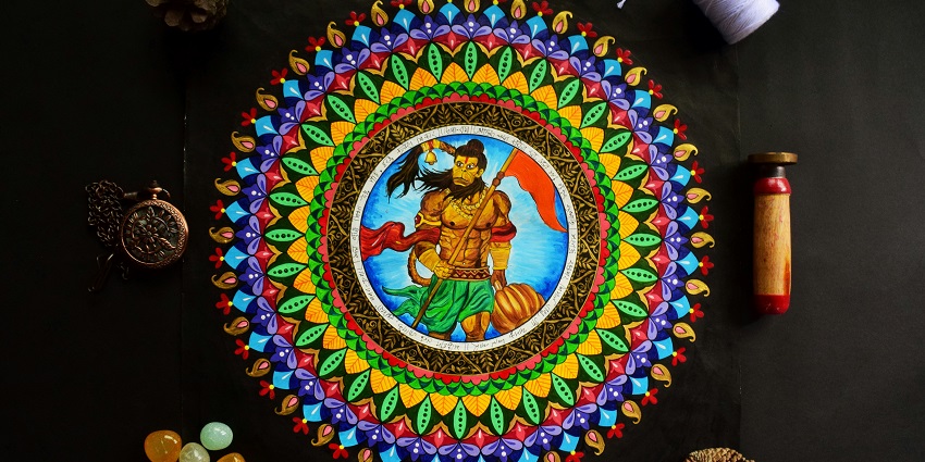 The portrait of god Hanuman on a plate made with acrylic colours for decoration