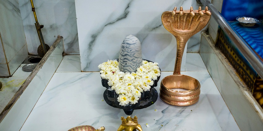 An image of a Shiva Lingam in the ancient Bhimashankar Temple surrounded by lush greenery.
