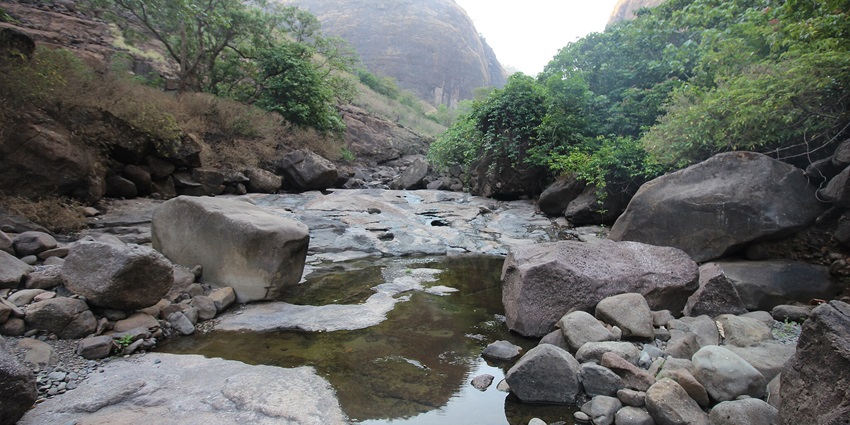 View of Kundalika River's origin in Plus Valley, near Bhira village, Maharashtra.