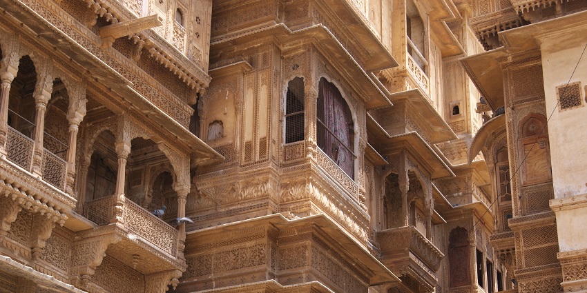 Patwa Haveli in Jaisalmer with intricate sandstone architecture and multiple balconies