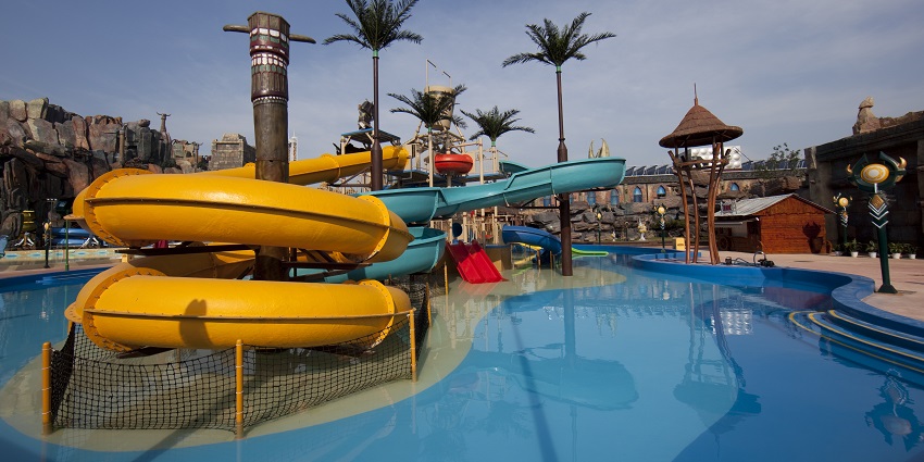 Blue Water Park features vibrant water slides and family-friendly fun