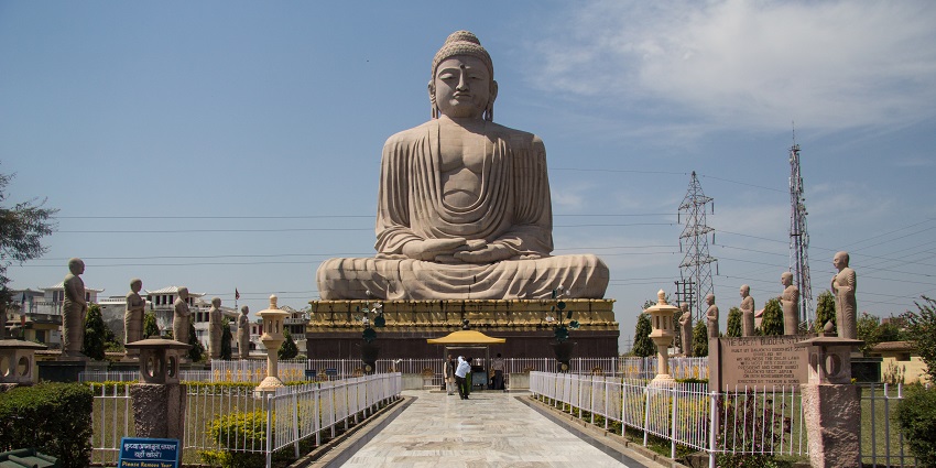 A Gautam Buddha statue placed in a giant alter, located in Bodh Gaya, near Nagarjuni Caves.