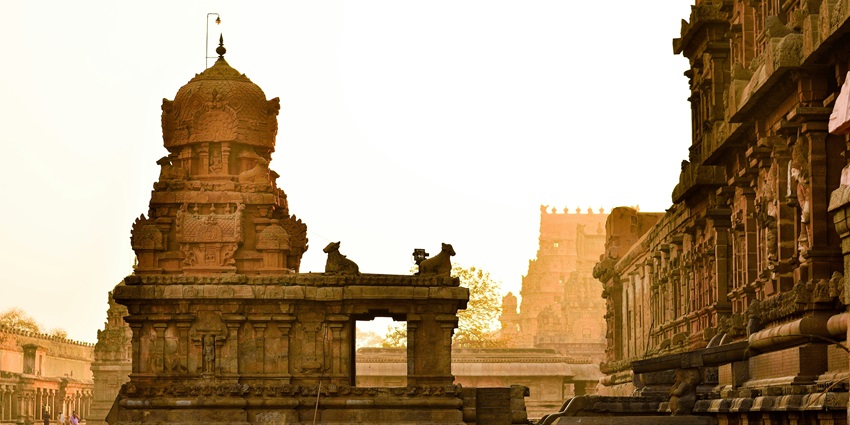 A glimpse of a majestic spiritual attraction of Tamil Nadu featuring quaint architecture.