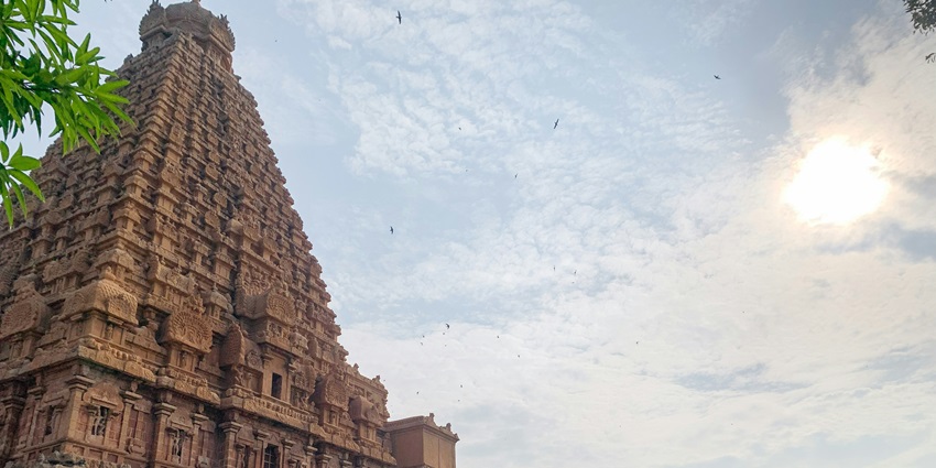 A picture capturing the intricate designs of the Brihadeeswara Temple in Thanjavur.