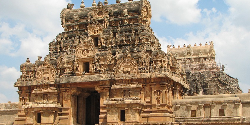 The stunning architectural design of one of the ancient temples in Tamil Nadu.