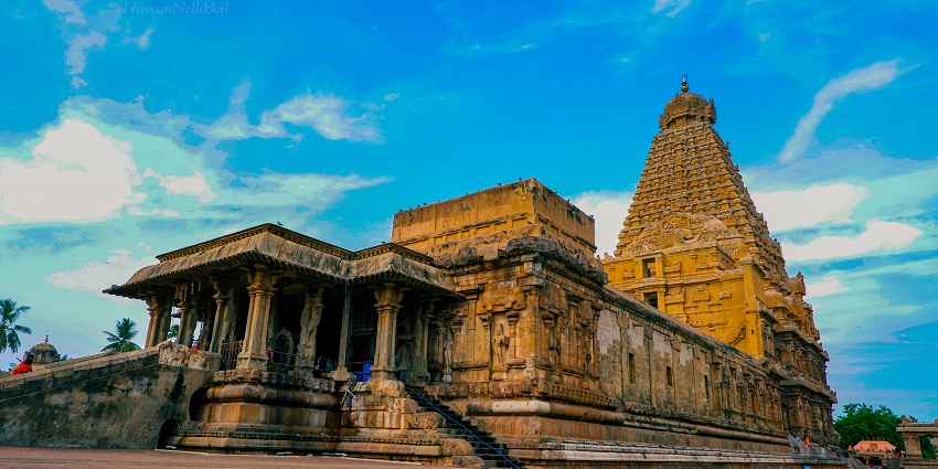 A view of Brihadeeswarar Temple displaying its grand architecture and towering vimana.