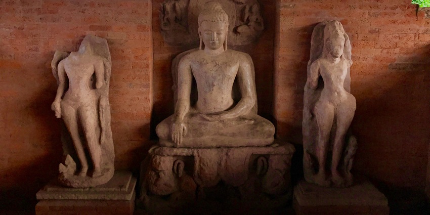 The image showcases views of the remains of the temples and sculptures at Buddha Vihara.
