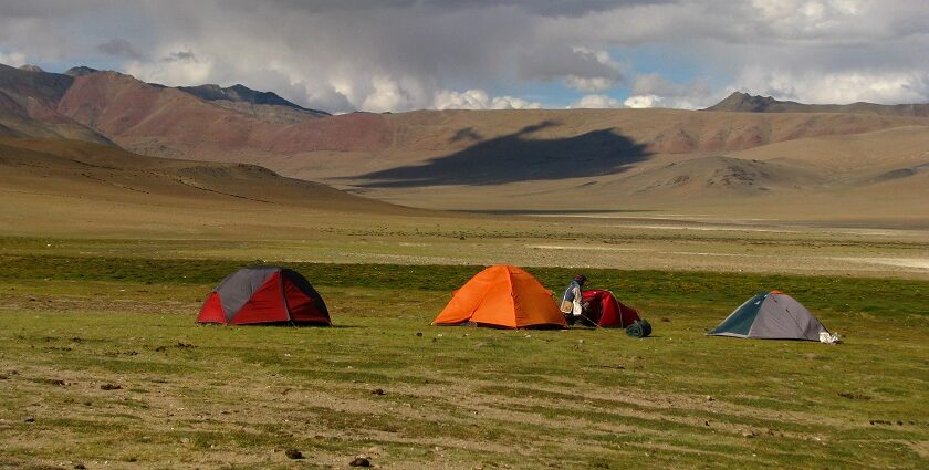 Camps on grassland while camping in Leh.