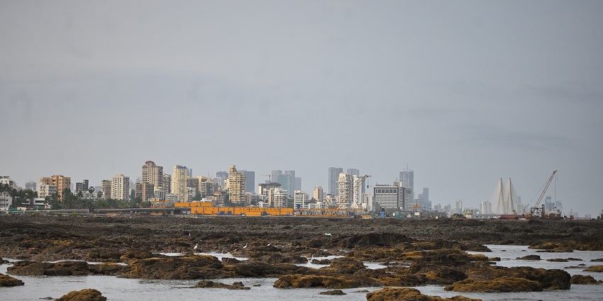A view of the Mumbai skyline, the coastal road work and the Bandra Worli sealink, as seen from Carter Road