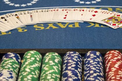 Coins stacked and cards laid before a gaming session at the casinos in Nepalgunj