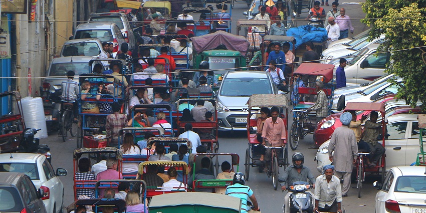 A bustling Chandni Chowk market, a top spot for saree shopping in Delhi.