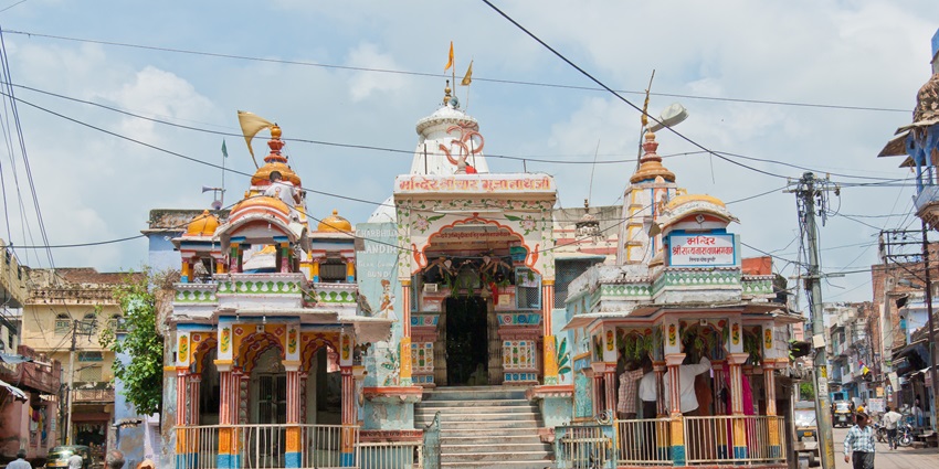 Historic Bundi temple façade in Rajasthan, detailed stone architecture