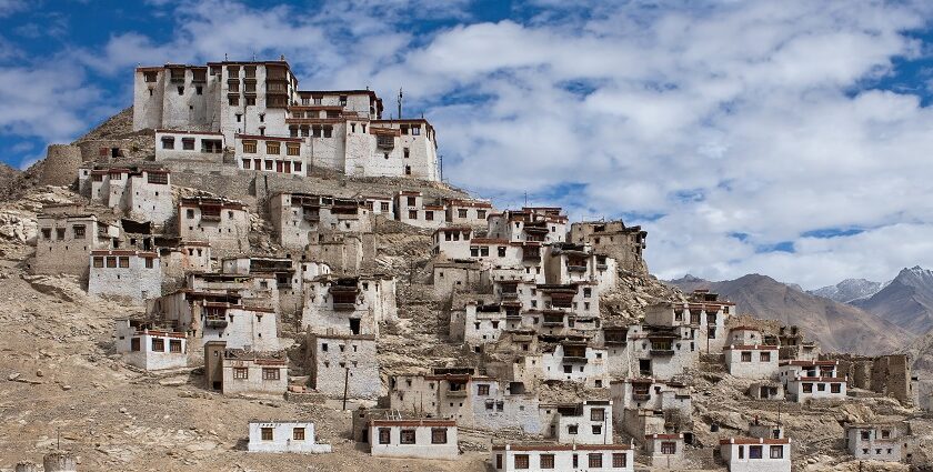 Image of Chemrey Gompa viewed from the southwest on top of the hill under clear blue sky