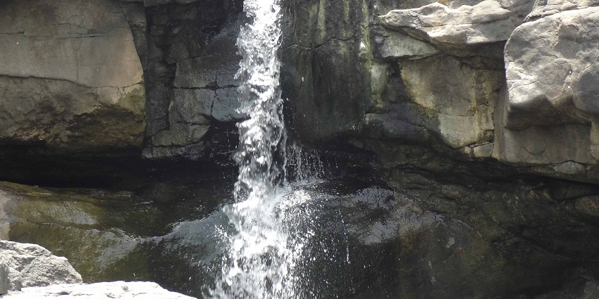 Waterfall cascading down rocks, surrounded by lush greenery giving a beautiful view.