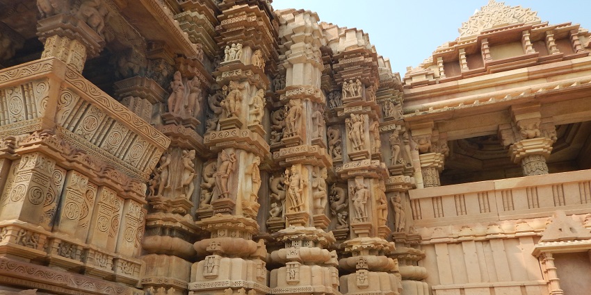 Close-up of Chitragupta Temple with stone carvings and detailed architectural design