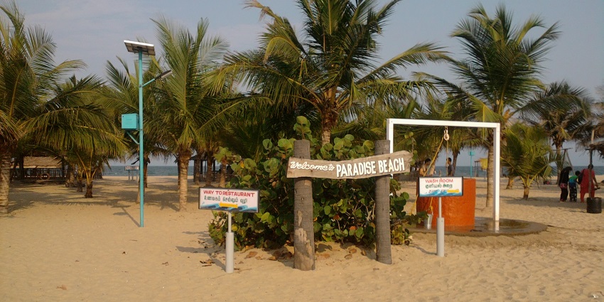 View of Paradise Beach with white sand, one of the finest tourist places in Pondicherry.