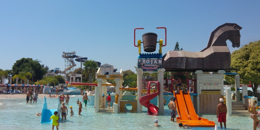 Waterworld Waterpark with water slides and Children and families enjoying the pool.