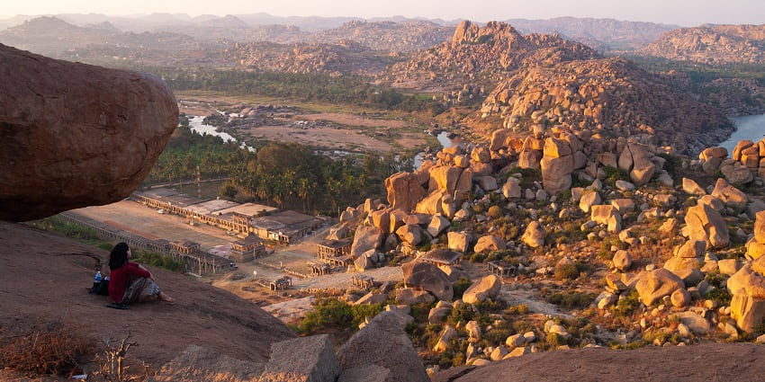 The panoramic view of Hampi’s landscape from Matanga Hill, offering a serene experience.