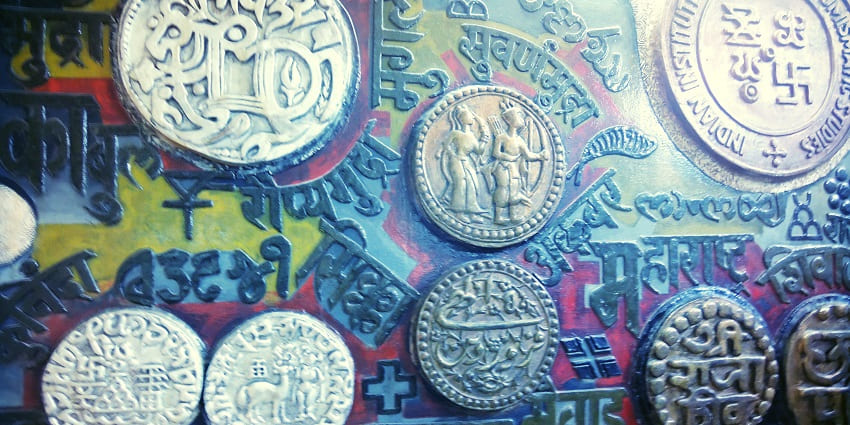 Different coins are on display in the Coin Museum in Nashik District, Maharashtra