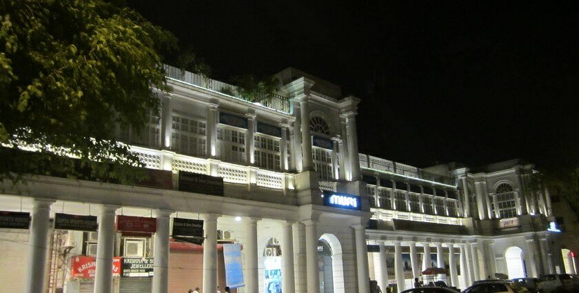 Front view of CP building, offering the gist of Connaught place nightlife