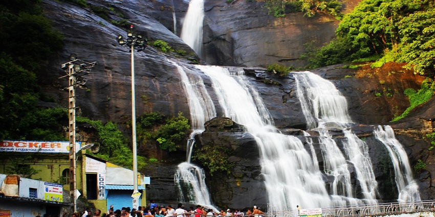 The stunning multi-tiered cascade of Coutrallam Falls near Manimuthar.