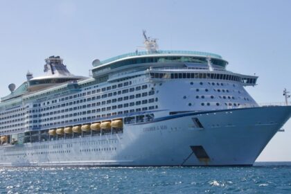 A view of a gigantic ship sailing through the shimmering blue waters in the region.