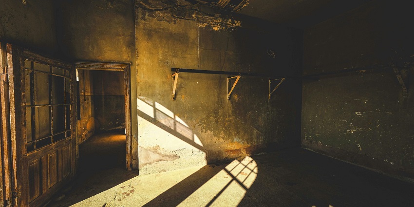 A picture of a classroom at an abandoned school