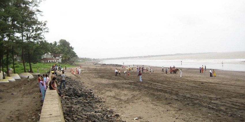 Scenic view of Dahanu Beach with palm trees and gentle waves