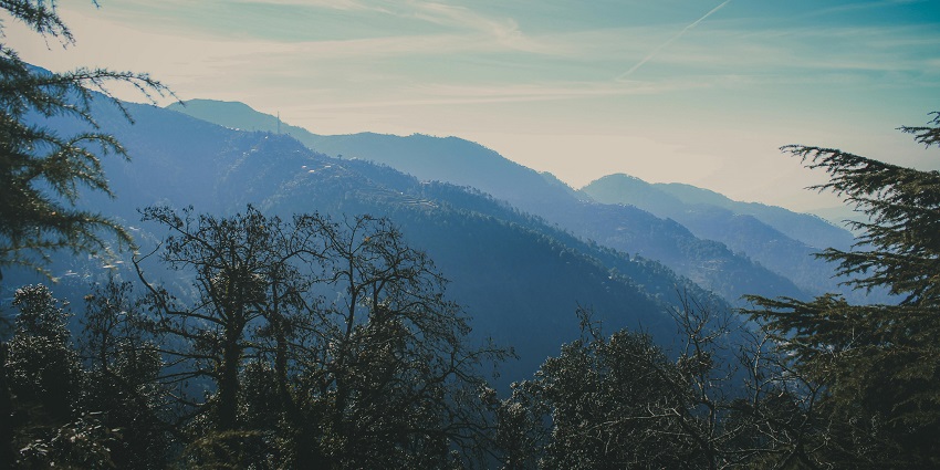 A scenic view of Dalhousie, one of the top places to visit near Pathankot, surrounded by pine trees and mountains.