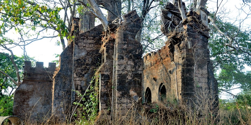 A picture of the ruins of an old church in Dapoli with weeds growing all around the place