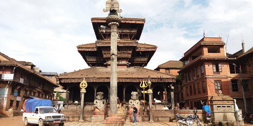 A picture of Lord Dattatreya, beautifully decorated for the festival of Datt Jayanti.