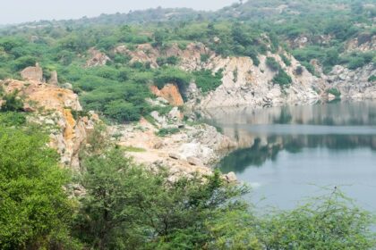 Panoramic view of the bank protruding into the Death Valley lake in Death valley in Faridabad.