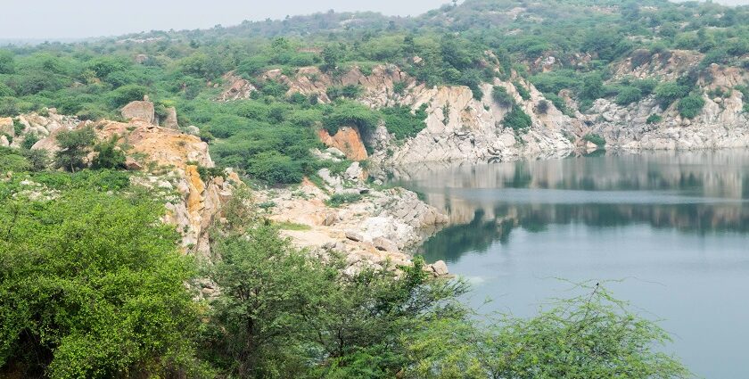 Panoramic view of the bank protruding into the Death Valley lake in Death valley in Faridabad.