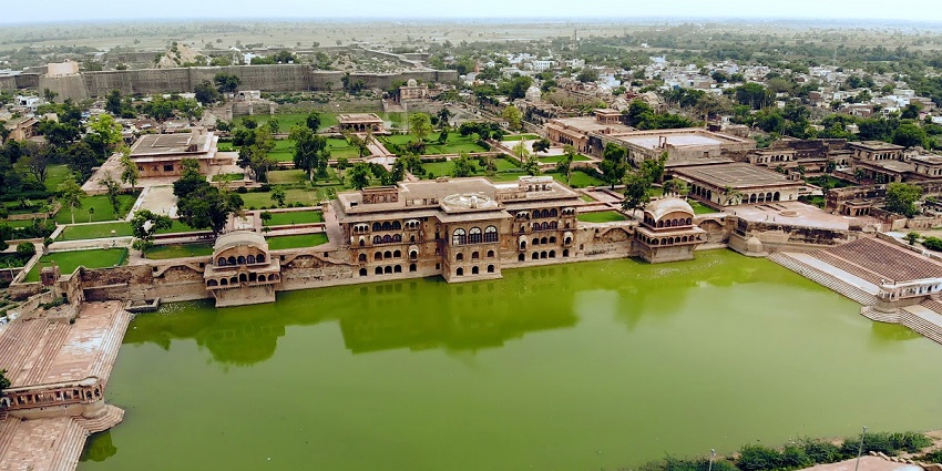 Aerial view of the picturesque Deeg Palace and the lakes around