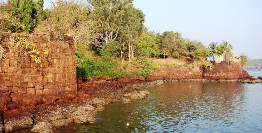 The aerial view of Devgad Fort with its fortifications overlooking the Arabian Sea