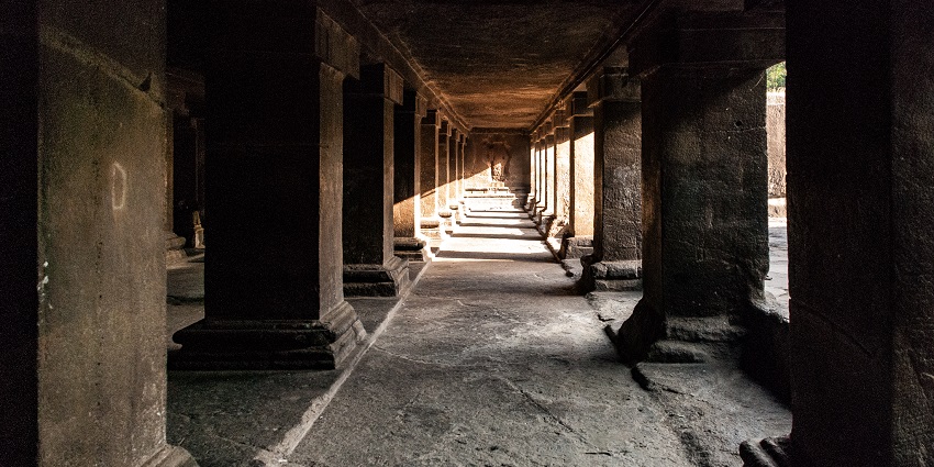 View of the meditation porch at Pataleshwar Cave Temple one of the lovely things to see in Pune.