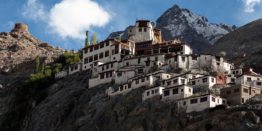 Diskit Gompa monastery perched on a hill, overlooking the scenic Nubra Valley.