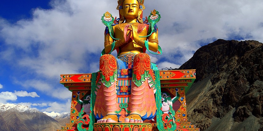 Diskit Monastery in Nubra Valley, is famous for its 32-meter tall Maitreya Buddha statue.