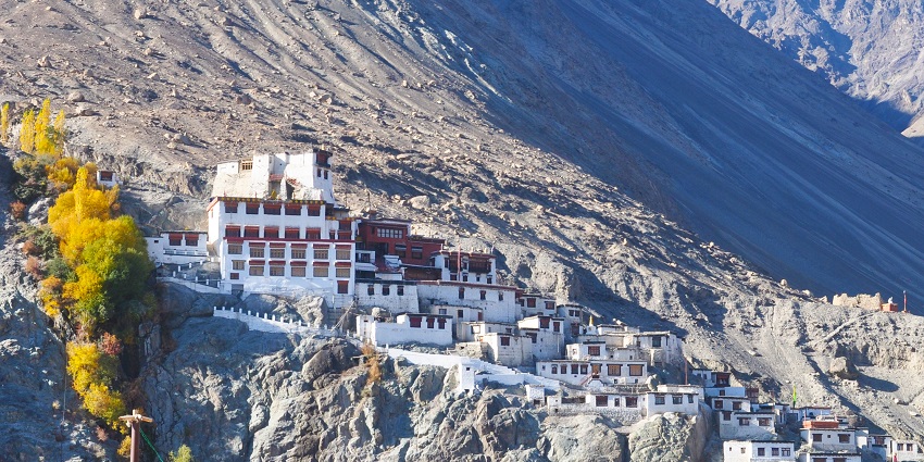 Scenic Diskit Monastery located on a hilltop in Ladakh for travellers to explore.