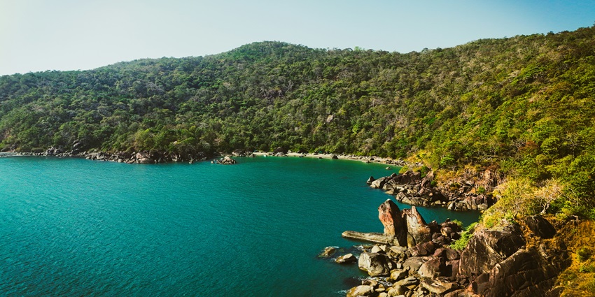 A peaceful beach on Divar Island surrounded by lush greenery and calm scenic views.
