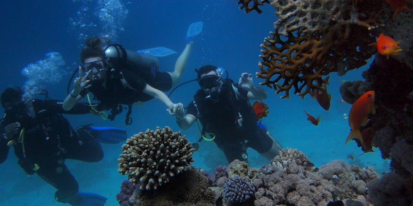 A glimpse of people enjoying thrilling activities like scuba diving under azure waters.